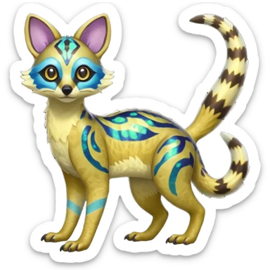 Rare realistic neon-colored iridescent shiny warm-colored lush tropical exotic cute edgy epic pretty beautiful handsome gorgeous aesthetic colorful vibrant Vernid-Protogen-Primagen-Wickerbeast-Genet-Trico-species-Fakemon-hybrid-creature by LiLaiRa, beautiful intricate markings, full body sticker