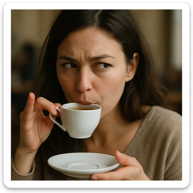 realistic woman giving side eye while sipping hot tea with her pinky up, soft focus, candid moment sticker