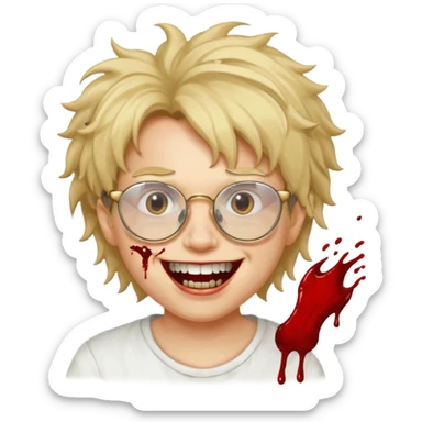 Cabelo bagunçado com oculos sorrindo com metade do rosto com dente de ouro e saindo sangue da boca  sticker