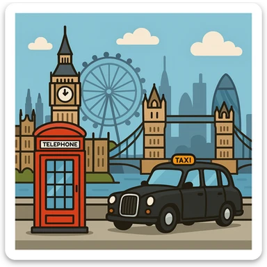 flat toon style London skyline with red phone booth and black cab sticker