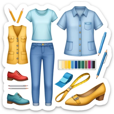 Icon for Fashion Design: sketches of clothing, shoes, and accessories with design tools like a pencil, fabric swatches, and a measuring tape. The icon should represent creativity in fashion design and tailoring. Transparent background. sticker