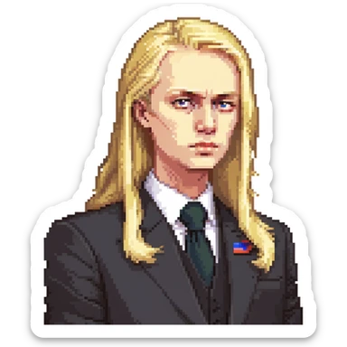 Russian politician with serious face, blonde hair, in dark suit sticker