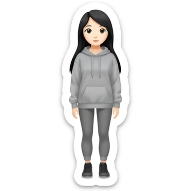 full-body female avatar, flat vector, long black hair, oversized sweatshirt, neutral background sticker