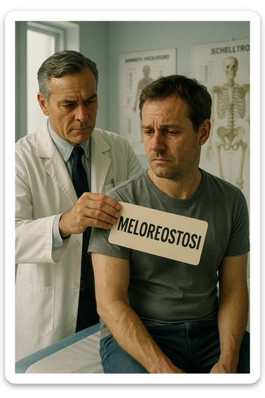 A realistic, cinematic illustration set in a bright, modern medical office. A middle-aged doctor in a white lab coat with a serious expression is shown gently placing a large paper label on the shoulder of a male patient sitting on the examination table. The label has the word 'Meloreostosi' written on it, symbolizing the act of labeling the patient with his rare bone condition. The patient looks confused and slightly disheartened, wearing a simple t-shirt with part of his arm exposed, showing subtle signs of bone thickening or deformation associated with melorheostosis. The background includes medical charts and a softly blurred skeleton model, emphasizing the medical setting. The lighting is bright but neutral, conveying a sterile, clinical atmosphere while focusing on the symbolic moment of receiving a diagnosis label. The mood is introspective and slightly heavy, illustrating the emotional weight of being defined by a rare chronic condition in italiano sticker