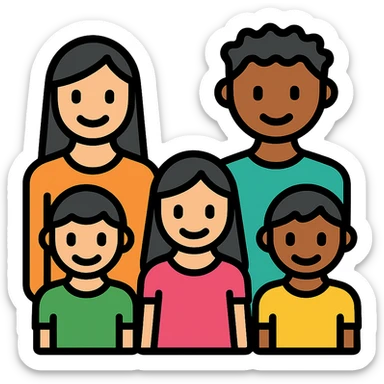 In the group color outline image, make the girl look younger (age 6), clearly the youngest child. Keep the rest of the family as is. Color outline style. sticker