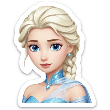 Cinematic Realistic Elsa Portrait, depicted with lifelike skin texture, soft natural lighting, and intricately detailed platinum blonde hair styled elegantly. Her striking, expressive blue eyes exude confidence and grace, complemented by a serene and regal expression. She is dressed in her signature icy attire, with shimmering fabric textures and delicate folds that catch the light beautifully. The portrait features a soft, enchanting glow with a cool, radiant finish, capturing the essence of timeless elegance in a realistic and painterly style, evoking a sense of depth and authenticity. sticker