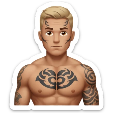 tattoo man, white skintone,tattoos on face, more visible, bulky man with tattos on his chest. sticker