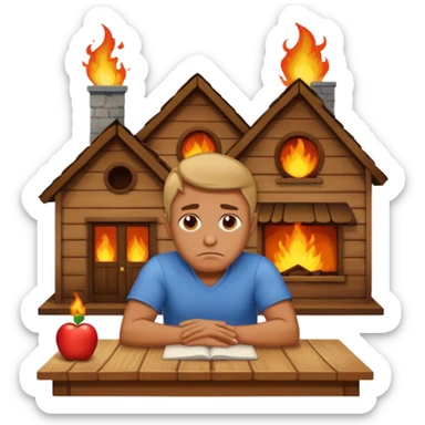a man sits sadly at a table, with a burning house behind him, apple style emoji sticker