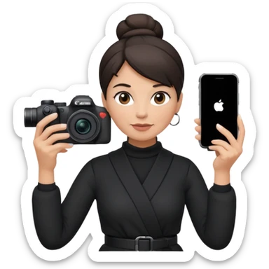 middle aged woman photographer with dark hair in a bun, wearing black clothes, carrying a canon r5 and an iPhone on a gimbal sticker