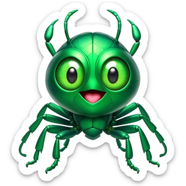 Cinematic Comical Green Bugdie Portrait Emoji, Head tilted dramatically with an exaggeratedly amused expression, featuring a striking, glossy emerald exoskeleton with bold patterns, wide, expressive multifaceted eyes filled with playful disbelief, Simplified yet hilariously expressive features, highly detailed, glowing with a slightly sassy glow, high shine, dramatic yet playful, stylized with an air of cheeky mischief, bright and endearing, soft glowing outline, capturing the essence of a spirited and over-the-top bug, so meme-worthy it feels like it could side-eye its way into internet fame instantly! sticker