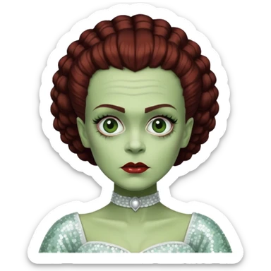 Bride of Frankenstein from Universal Monsters with pale greenish skin, dark auburn hair, white sequin outfit  sticker