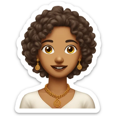 Long curly indian girl with wheatish skin with a golden nose ring. Thin angular face. Sharp jawline and nose. Big lips. With Rudraksha mala in neck. sticker