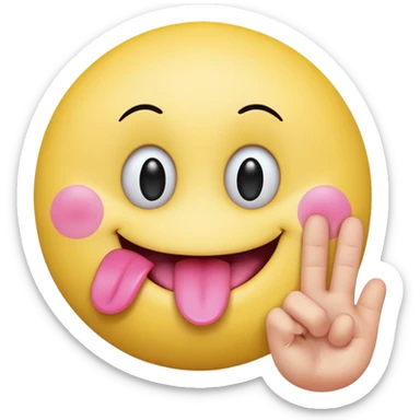 The image is a digital illustration of a yellow smiley face with big, round eyes and a big smile. The face is holding a pink tongue sticking out and making a 67 with its fingers. Above the face, The background is white. sticker