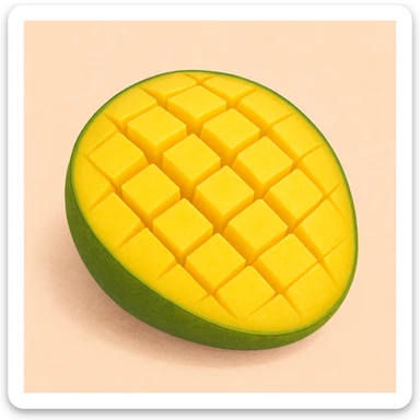 cross-section of a mango with grid-patterned cuts on the yellow flesh, green and yellow skin, simple background sticker