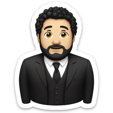 Short man with lots of black hair and beard, bit fat , dressed in black blazer sticker