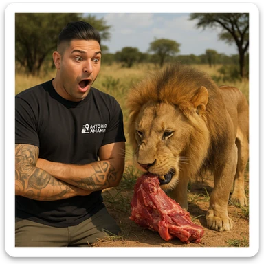 Create a realistic scene featuring a man with facial features and appearance similar to the person in the reference photo. The man is looking surprised and standing next to a lion. The man is watching the lion eat. The scene should be educational and respectful, depicting the natural behavior of the lion in a natural setting. sticker