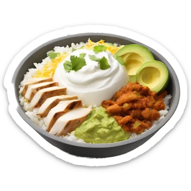 chipotle bowl with white rice chicken guacamole sour cream, and chese sticker