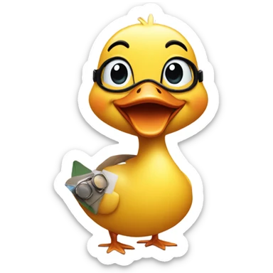 Happy cute duck. Crossed road. Summertime. Wearing a bathing suit and swim goggles sticker