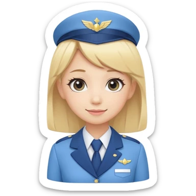 Cute emoji-style Japanese flight attendant, blonde hair, pastel blue airline uniform, kawaii cartoon style, big eyes, simple clean lineart, pastel colors, chibi proportions, friendly smile, sticker/emoji, transparent background sticker
