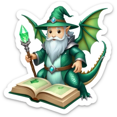 Icon for Fantasy and Sci-Fi Literature: a magical book with glowing pages, surrounded by a dragon, a spaceship, and a wizard with a staff. The icon should capture the adventurous and imaginative world of fantasy and science fiction. Transparent background. sticker