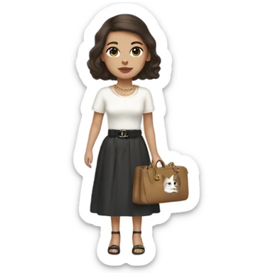 Brunette aisan girl with a blowout hairstyle, has pale skin, with birkin bag Chanel necklace carrying a cat sticker