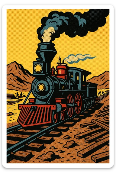A steam train engine on the Transcontinental Railroad in the American West in the 1860s with the railroad tracks being built in the background sticker