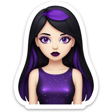 girl with long black hair, shiny glittery black night dress, purple makeup, dark red lipstick, edgy vibe sticker