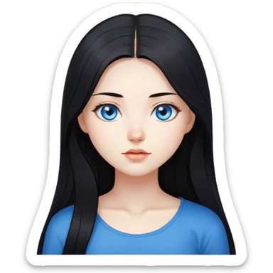 a girl with fair skin, straight long black hair, blue eyes, standing, very beautiful, very hot,Korean American Russian sticker