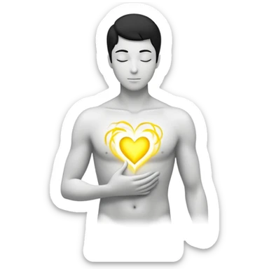 minimalist b&w male silhouette with flowing black-and-white curves across the lower body, now overlaid with a small, softly glowing spark or radiant light near the chest or head — heart symbolizing inspiration, inner fire, and creative energy awakening” yellow glow sticker