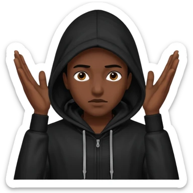 🥷🏽: inspire toi de cet emoji faisant en sorte qu’il est les mains sur les deux côtés de la tête et garde sa cagoule noir avec uniquement ses yeux apparent sticker