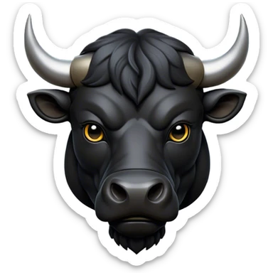 Cinematic Noble Black Bull Portrait Emoji, Poised and regal, with a massive, muscular build and a sleek, well-groomed pure black hide, deep-set soulful dark eyes, Simplified yet sharp and sophisticated features, highly detailed, glowing with a soft, dignified glow, high shine, intelligent and formidable, stylized with an air of strength, focused and attentive, soft glowing outline, capturing the essence of a watchful and confident guardian, so majestic it feels as though it could charge out of the screen with effortless authority! sticker