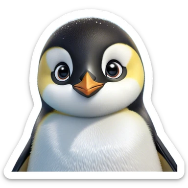 Cinematic Cute Emperor Penguin Portrait Emoji, Head tilted playfully and inquisitively, with glossy, pristine plumage accented by a bright beak and round, sparkling eyes filled with curiosity, Simplified yet irresistibly adorable features, highly detailed, glowing with a warm, friendly icy glow, high shine, affectionate and lively, stylized with a touch of whimsical charm, bright and endearing, soft glowing outline, capturing the essence of a mischievous yet loving penguin that feels like it could slide out of the screen into your arms! sticker