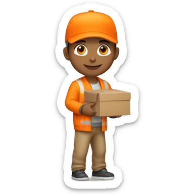 Delivery boy, full body, light skin tone, wearing orange cap and orange jacket, abx delivery company uniform loading a package background sticker