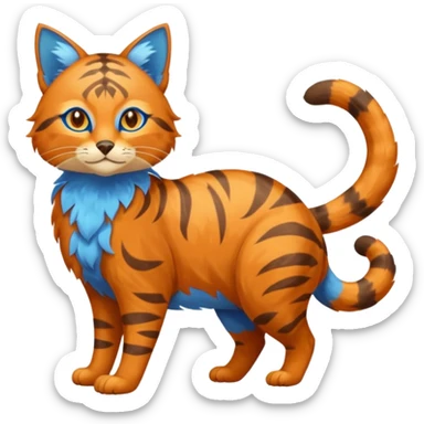 Colorful brown with blue and orange tropical exotic shiny beautiful fantasy-Vernid-Cacomistle-Ocicat-animal-Fakémon-hybrid-fursona (full body) sticker