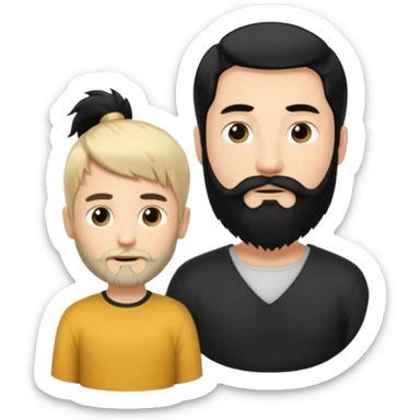 Man with long black hair tied in a tail and beard with a young boy blond short-haired without a beard sticker
