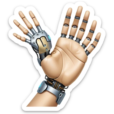 An icon inspired by Da Vinci’s 'The Creation of Adam', featuring a robotic hand reaching out to touch a human hand, symbolizing artificial intelligence. The design includes neural networks, glowing circuits, and a holographic brain. Transparent background sticker