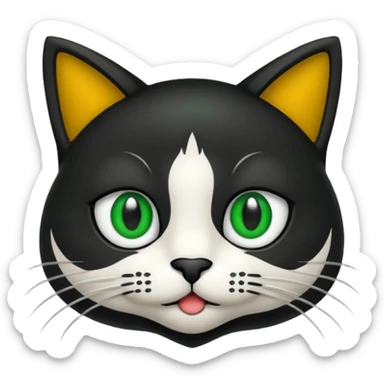 crie uma imagem de um gato preto com uma mancha branca no peito o gato tem olho verde  tudo no estilo de animação sticker