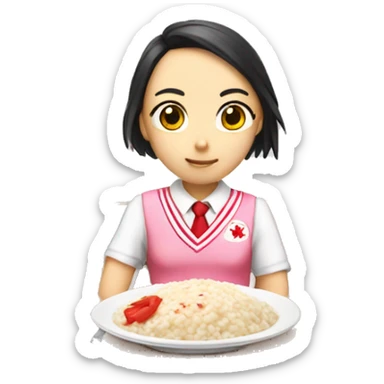 An avatar wearing pink panties red all-star with school uniform with japanese kanji eating a risotto sticker