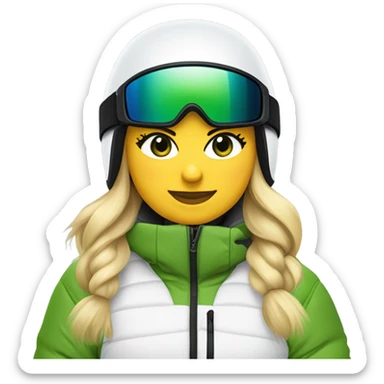 Green-eyed, fat female skier with medium-length straight blonde hair not plaited, snow goggles on helmet, white ski helmet, gray snow jacket, green ski gloves, long black pants rolled up at the bottom, black only snow boots standing tall. sticker