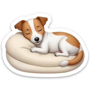 Meme-Worthy Cute Sleeping Jack Russell Terrier Portrait Emoji, Head and body resting peacefully with a contented smile, showcasing a compact, alert yet relaxed form with eyes gently closed in serene slumber, Simplified yet adorably endearing features, highly detailed, glowing with a soft, drowsy canine light, high shine, relaxed and utterly lovable, stylized with an air of playful laziness, soft glowing outline, capturing the essence of a sleeping Jack Russell Terrier that feels destined to become the next viral icon of adorable rest! sticker