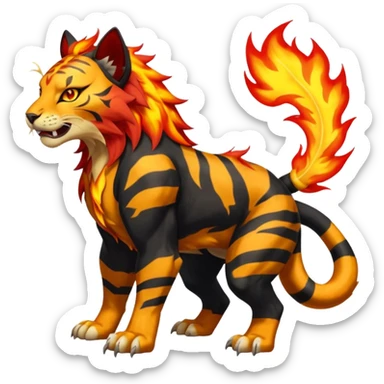 Volcanic Fiery Colorful exotic dark-colored, vibrant, golden, burning, badass, cool, realistic Pyroar-Torracat-Luxray-Tigress-Tiger-Liger-Hybrid-Fakemon-Creature (full body) sticker