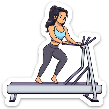 woman with tanned skin, long black hair, wearing a sports bra, doing exercise on a Pilates reformer machine sticker