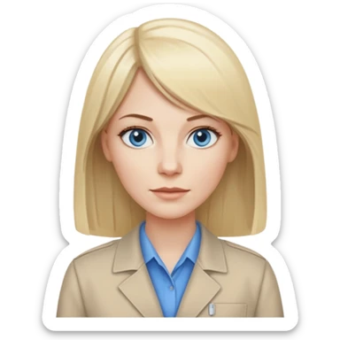 40 yr old white woman, pale skin, long straight blond hair parted in center, blue eyes, bangs, clothes for work sticker