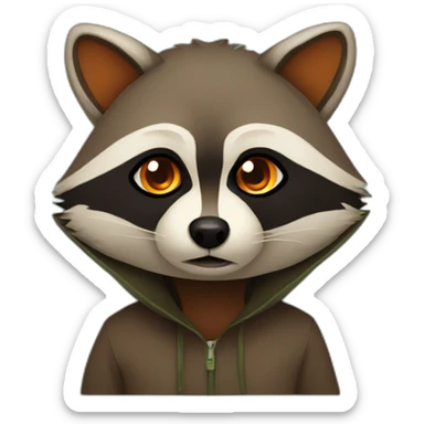 brown raccoon with orange eyes and a dark green hood that is sad sticker