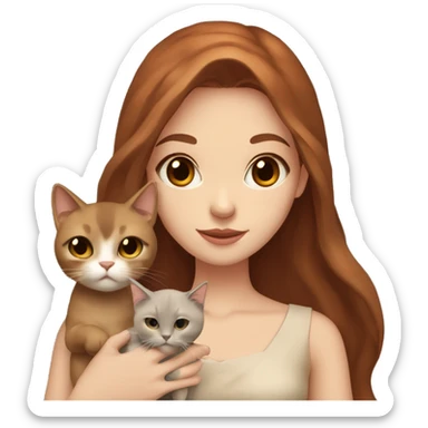 a beautiful girl with long red and brown hair, clear brown eyes, in a beige dress and with a beige bow holds two black cat in her hands sticker