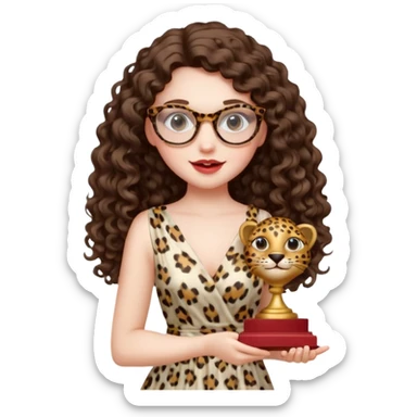 A girl with white pale skin,  full lips, brunette LONG curly hair. She is wearing a white  silk dress. She is holding an award and happy. She has a leopard print round-ish shaped glasses.  sticker