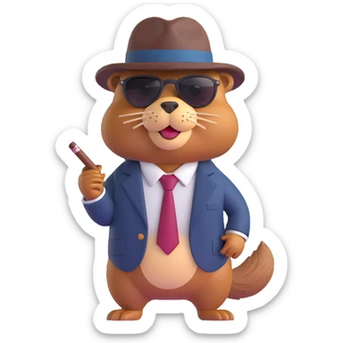 Change the beaver's suit and hat to dark brown while keeping the 3D emoji gangster style with sunglasses and cigar. sticker
