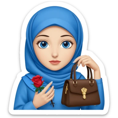 Turkish beautiful finish Konya girl blue eyes with blue hijab islamic dress and had on her hand blue ysl rose hand bag sticker