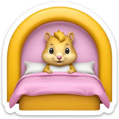 The features a bed themed as a large, cheerful, yellow squirrel. The squirrel's head forms an archway over the bed, with large black eyes, a small pink nose, and prominent white cheeks. The bed frame and arch are bright yellow with integrated yellow LED lighting running along the curves.  sticker