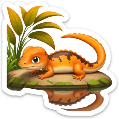A 3D cartoon newt resting near a pond, orange and brown colors, visible tail, friendly expression, soft reflections and lighting, Memoji-style character. sticker